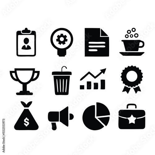 Business office and report management icon set with documents, trophies, files, and communication tools for company, HR, and analytics use