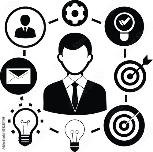 Business strategy and leadership icon set with human avatar, arrows, chart, idea bulb, and settings gear in vector format