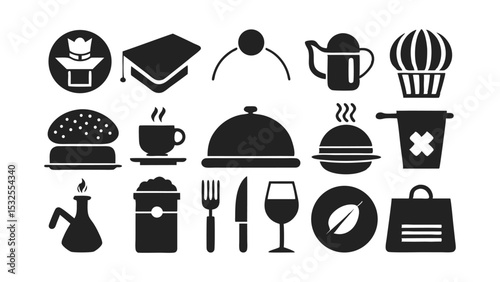 Vector pack combining education and food-related icons including graduation cap, tea cup, dining, and meal items – great for infographics and mixed themes