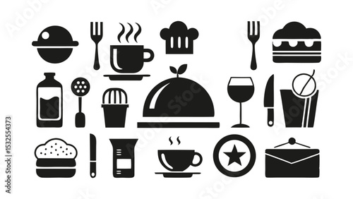 Restaurant and kitchen utensils vector icon set including food covers, drinks, and plates for menu design, food blog, and culinary graphics
