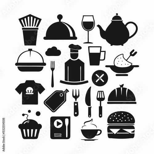 Black fast food icon collection including burger, pizza, drink, fries, and snacks for cafe branding, delivery app, or restaurant vector elements
