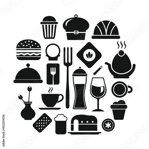 Food and restaurant black icon set featuring kitchen utensils, meals, beverages, and culinary elements for menu, café, or dining-related vector designs