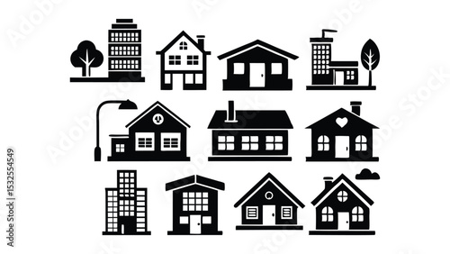 Flat housing and real estate icon pack with different residential buildings, perfect for property business, urban development, architecture, and construction designs.