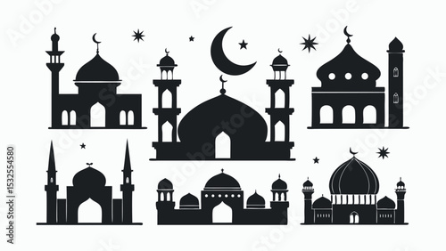 Flat Islamic icon set with multiple mosques, minarets, and crescent moons, ideal for Eid Mubarak, Ramadan Kareem, and religious celebration vector designs.