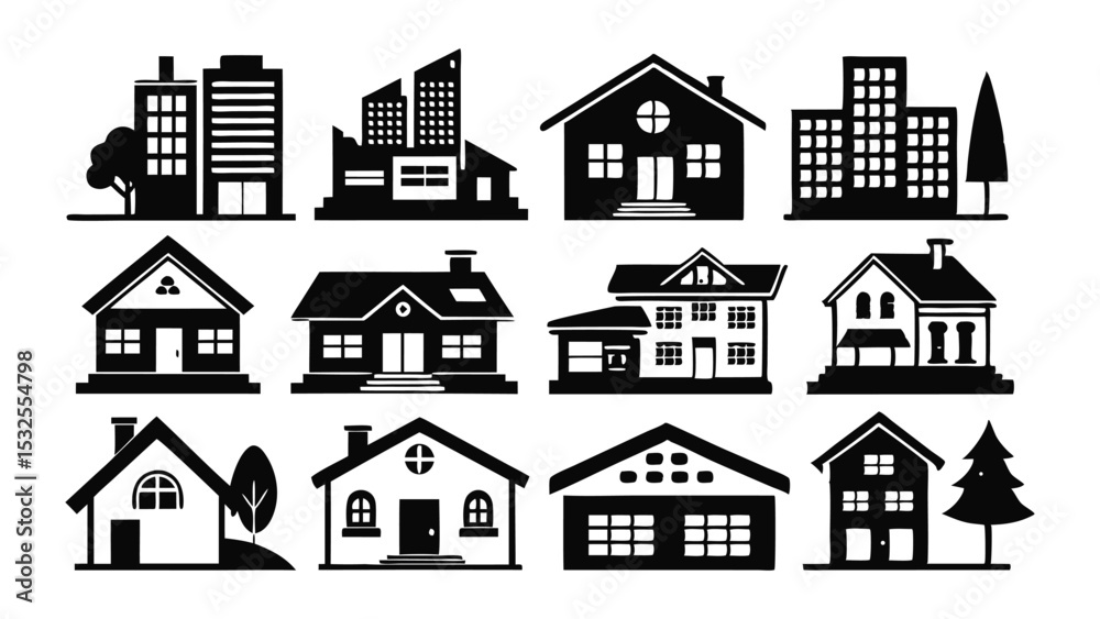 Fototapeta premium Black silhouette vector set of real estate and housing icons with buildings, apartments, and homes – ideal for real estate listings, property apps, 