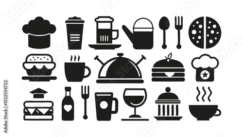 Vector food and drink icon set in black silhouette including teapots, wine glasses, sauce bottles, covered dishes, desserts, and cupcakes – perfect for restaurant menus and kitchen visuals.
