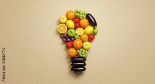 A lightbulb silhouette created from various colorful fruits and vegetables, suggesting fresh ideas and health