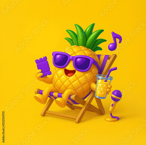 cheerful cartoon pineapple character on yellow background – beach chair with juice & toy block, playful digital illustration