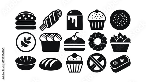 Variety of cupcake and pastry vector icons with frosting, toppings, and decorative styles in silhouette – perfect for bakery packaging, dessert branding, or sweets-themed designs.