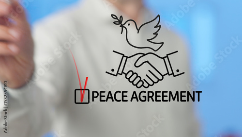 Businessman checking peace agreement box with handshake and dove symbol