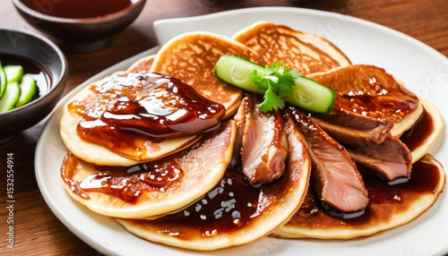 Asian pancakes with duck slices and hoisin sauce garnished with cucumber and cilantro
