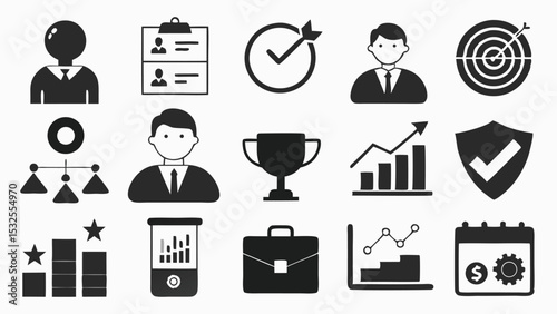Corporate productivity vector icons with briefcases, charts, ID cards, and business figures – great for presentations, job interviews, resumes, recruitment, and office strategy materials.