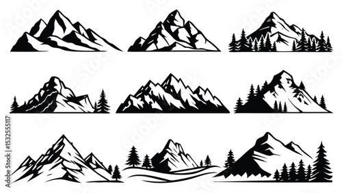 Mountain landscape vector illustration in black silhouette with pine trees, hills, and alpine peaks – perfect for adventure, outdoor, nature, and hiking themed graphic designs.