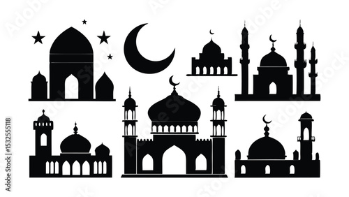 Islamic architectural vector in black silhouette with domes, minarets, and crescent moons – suitable for holy month Ramadan, Eid Mubarak, spiritual celebration, or cultural designs.
