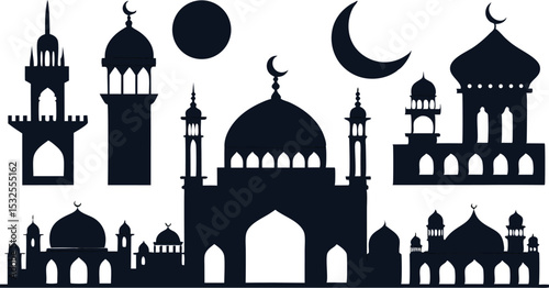 Islamic mosque with large dome and tall minarets in black silhouette with crescent moon and stars – ideal for Ramadan, Eid Mubarak, Islamic celebrations, and religious graphics.