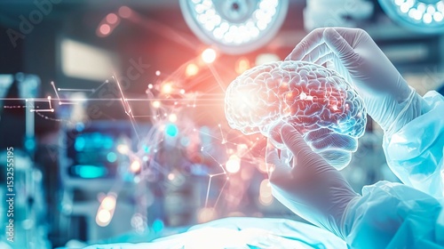 Close-up of surgeon's gloved hands performing delicate brain surgery with medical instruments, focused on precision and expertise in neurosurgery. Advanced medical procedure and healthcare concept.