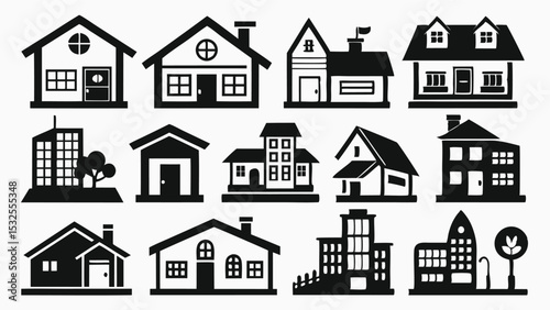 Home icon collection with various residential styles including modern, traditional, and suburban designs. Great for real estate, housing projects, or property illustrations.
