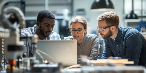 Ein Team von Ingenieuren arbeitet in einer Forschungseinrichtung an einem Fertigungsprojekt. Kollegen analysieren Daten mit einem Laptop und brainstormen 