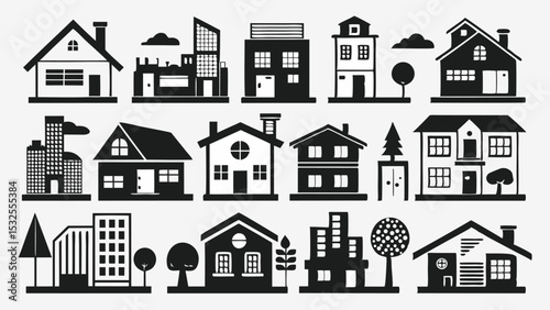 Residential home and suburban building silhouette icons in black vector style, ideal for real estate, construction, city planning, or architectural and housing-themed designs.