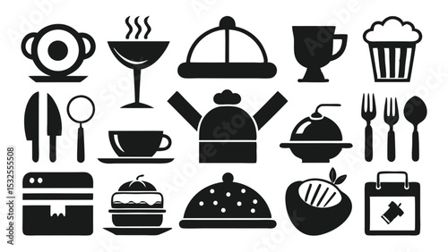 Tea and coffee utensils vector illustration with kettle, cups, plates, and desserts in clean black silhouette style for cafe, restaurant, and food service graphic design projects.