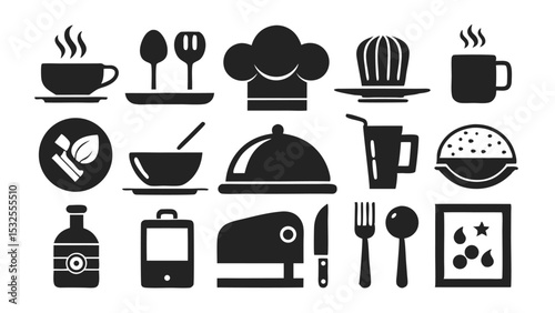 Restaurant icon set in black and white with chef hat, serving tray, utensils, and kitchen tools in a clean vector style for culinary branding or menu design