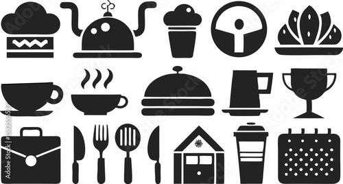 Vector food and drink icon collection in black and white including teapots, cups, wine glasses, plates, and serving domes for menu or cafe design