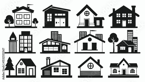 Set of house icons in black and white line art vector style showing modern home, building, and real estate elements for property and architecture themes