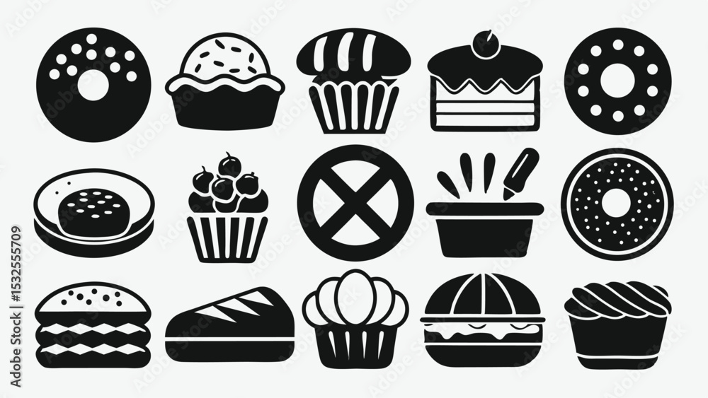 Muffin, pie, croissant and cupcake vector icon collection in black and white for bakery, cafe or dessert-themed design projects Muffin, pie, croissant and cupcake vector icon collection in black and white for bakery, cafe or dessert-themed design projects