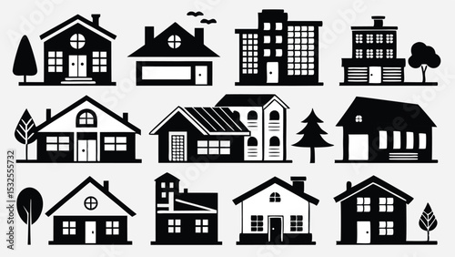 Cityscape and suburban house illustration in black and white vector showing modern and traditional homes and buildings