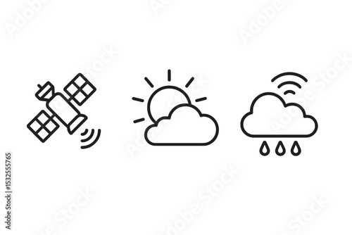 Weather and communication symbols: satellite, sun and cloud, rain cloud