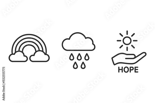 Weather symbols with hopeful message: rainbow, rain cloud, sun in hand