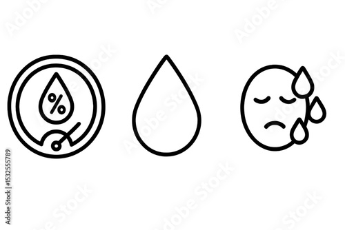 Moisture icon set: percentage, droplet, and sad face with water drops