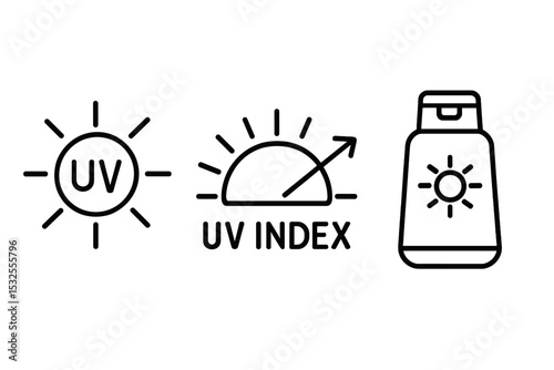 Uv protection symbols: uv index and sunscreen icon set