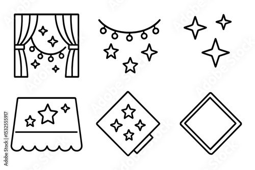 Black star icons: curtains, garlands, napkins, and diamonds design elements