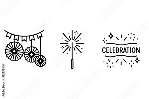 Minimalistic celebration icons: garland, sparkler, and celebration sign