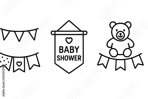 Baby shower icons with bear and banners on dark background