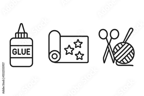 Crafting tools icons: glue, paper, yarn with needles