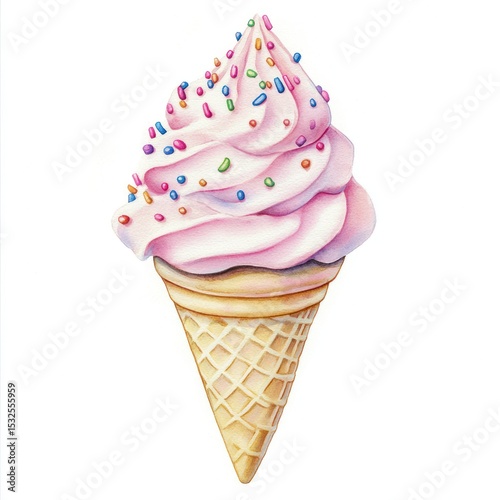 Watercolor-style art Pink soft serve ice cream cone with colorful sprinkles isolated