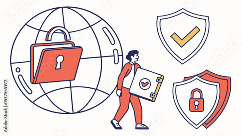 Illustration of a man carrying a secure briefcase with a globe and security shields around him