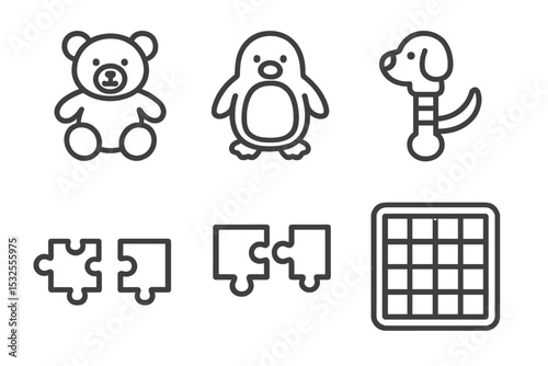 Black and white outline of toys and puzzle pieces for kids