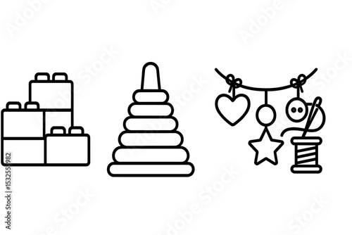 Black silhouette of toys on grey background: blocks, stacking rings, and hanging mobile
