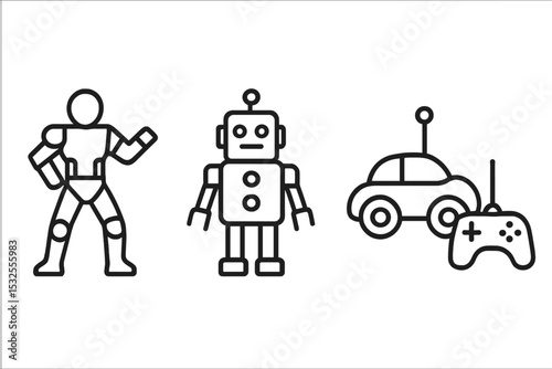 Robot icons on grey background: humanoid, classic robot, rc car