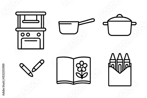 Minimalist kitchen and art icons on dark background