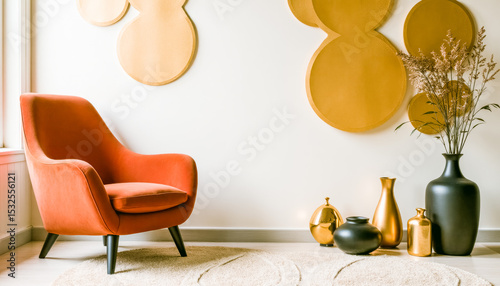 Stylish orange chair in elegant modern living room with gold accents