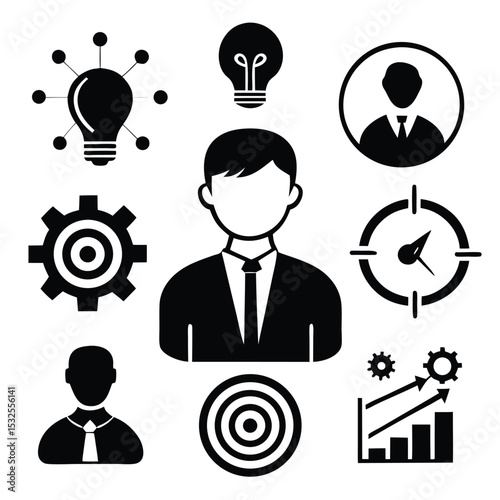 Business and startup concept icons with light bulb, target, gear, and businessperson silhouette. Ideal for innovation, success strategy, planning, and digital marketing visuals.
