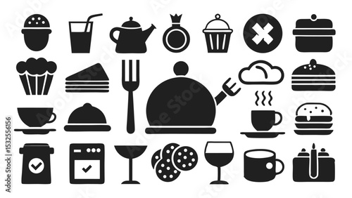 Food and drink icons collection featuring BBQ grill, burger, wine, coffee, desserts, and utensils. Suitable for menu design, restaurant branding, food blog or culinary infographics.
