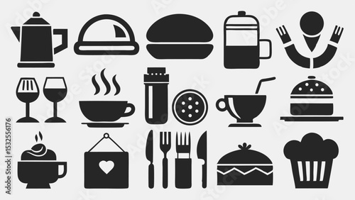 Vector illustration of dining-related items including cups, plates, spoons, and condiments in black silhouette style for restaurant, cafe, and food themes