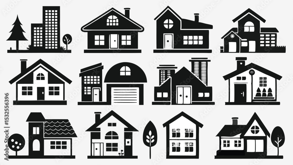 Fototapeta premium Black and white house silhouettes showcasing various modern home exteriors for real estate, neighborhood, and urban development vector illustrations