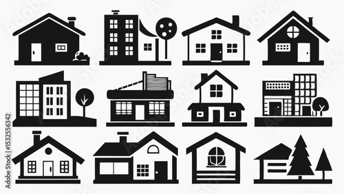 Modern and contemporary house icon set in black silhouettes, featuring stylish home exteriors for real estate, rental, and property listing illustrations