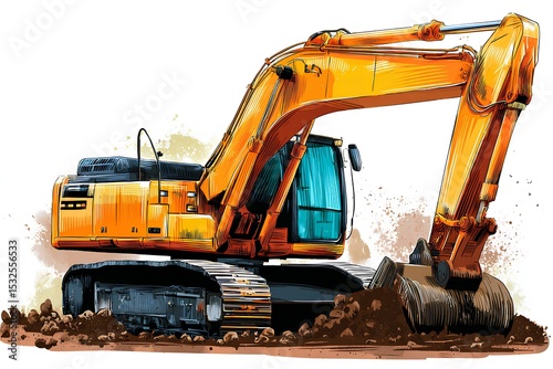 Industrial strength illustration - bright yellow excavator demonstrates raw power as its bucket digs deep into rocky soil at active construction site.